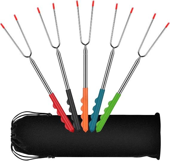 Marshmallow Toasting Forks 5 PCS, FISHOAKY Telescoping Marshmallow Roasting Sticks 12in-45in, BBQ Smores Skewers, Campfire Roasting Sticks & Hot Dog Forks for Camping,Garden Party, Barbecue etc.