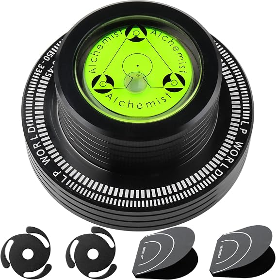 レコード重量スタビライザー ターンテーブルレベル ビニールクランププレーヤー フラットナー 315g LP ディスク蓄音機 バブルレベリング付き 3イン1 記録重量、レコードミット、45 RPMレコードアダプター