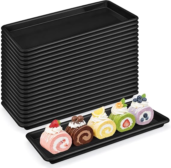 20 Pcs Black Plastic Serving Platters Bulk, 35 x 16cm Rectangular Trays