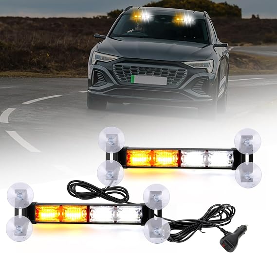 Amber & White Windshield Strobe Lights for Trucks, 2 in 1 Car Windshield Dash Strobe Warning Lights, 48-LED Emergency Strobe Light Flashing Beacon Light 20 Modes for Cars Van Vehicles [Energy Class A++]