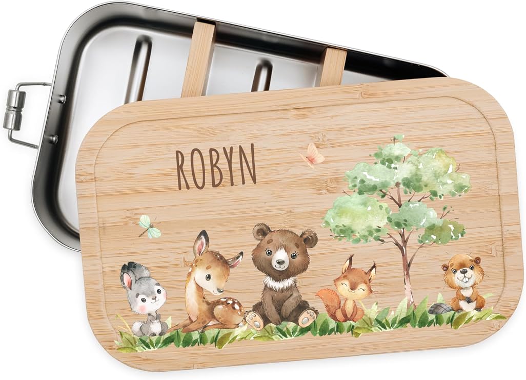 Bärenfreunde - Personalised Lunch Box for Children with Special Print - Robust Stainless Steel Lunch Box - Personalised Gifts for Children and Adults (Animals Meadow Trees Small Tinplate)