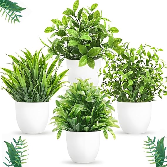Small Artificial Plants, 4PCS Mini Fake Plants, Plastic Plants Greenery Potted Plastic Fake Mini Artificial Faux Potted for Home Bathroom Office(Green) (Eucalyptus/Arhat/Kuiye/Spring Grass)