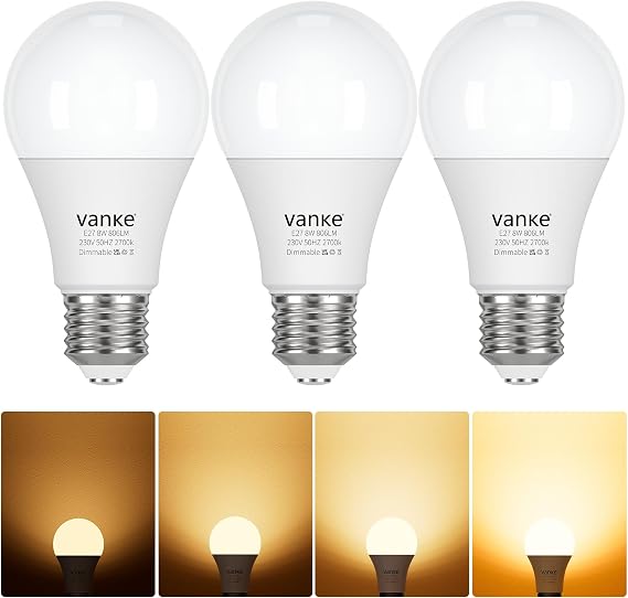 Vanke E27 Dimmable Bulb, 8W(60W Equivalent), Warm White 2700K, Pack of 3 [Energy Class F]