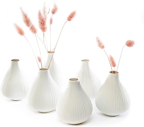 Chive ‘Frost’ Small Round Flower Vase — Cute, Beautiful Ceramic Vase for Flowers & House Plants — Set of 6 — White