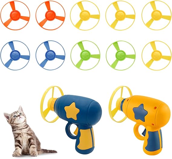 Andiker 猫フェッチトイ、インタラクティブ子猫フライングディスクランチャートイ 5つのカラフルなフライングプロペラ 猫のエンリッチメント、フライングソーサートイ トレーニングと追跡用 イエロー+ネイビーブルー10個