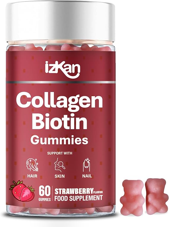Collagen Gummies with Zinc, Biotin, Vitamin C & E – Type 1 Hydrolysed Collagen for Hair, Glowing Skin Nails & Joint Support – High Absorption, Gluten-Free, Natural Strawberry Flavour – 60 Gummies (1)