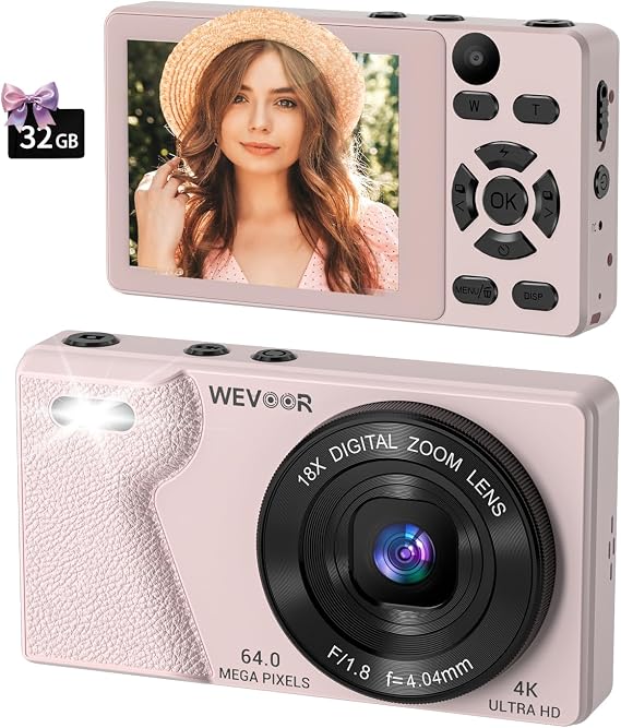 Digital Camera 4K 64MP Autofocus Compact 32GB Pink