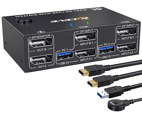 KVM Switch 2 Monitors 2 Computers Displayport 1.4, USB 3.0 KVM Switch Dual Monitor for 2 Computer Share 4 USB 3.0 Ports Mouse Keyboard, 4K@144Hz, Wired Remote(4K DP 2 in 2 out KVM)