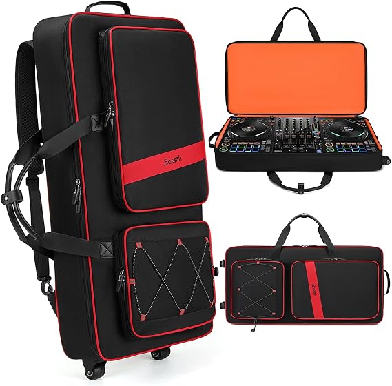 BOSSTIN DJ Controller Case with Wheels Compatible with DDJ FLX10 /1000 /FLX6 /REV7 /REV5, Rolling DJ Case for Equipment, Padded Large DJ Backpack with Multi-Pocket for 15.6" Laptop, Gear & Accessories
