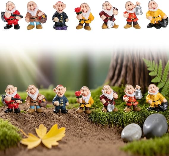 7 Pack Mini Garden Gnomes 4.5cm, Resin, for Indoor & Outdoor
