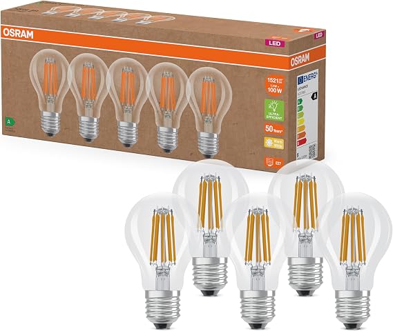 OSRAM High Efficiency LED Lamps with Energy Efficiency Class A, Pack of 5, Replaces 100W, Warm White (2700K), E27, Filament Glass