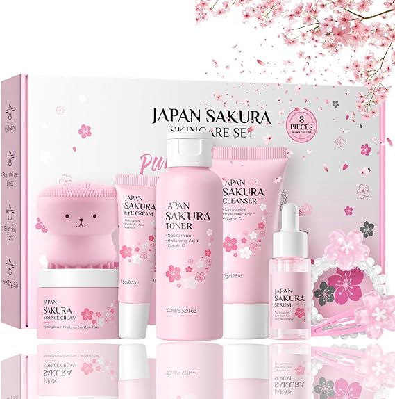 8PCS Sakura Skin Care Sets & Kits, Skincare Set for Teenagers Girls, Teenage Girls Gifts - Cleanser, Serum, Eye Cream, Face Cream, Toner, Facial Cleansing Brush, Hair Clip & Hair Tie, Girls Pamper Set