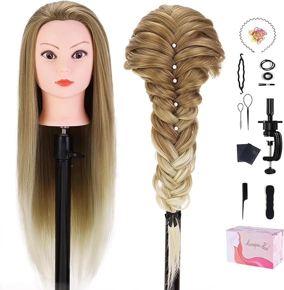 TopDirect 73.7 cm ヘアマネキンヘッド、ドールヘッド 人毛 美容用 ヘアスタイリング トレーニングヘッド、マネキンヘッド クランプホルダーとスタイリングツール付き編みブラウン