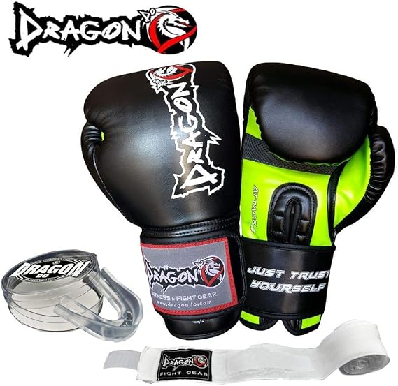 Dragon Attack Boks Eldiveni, Bandaj, Dişlik Seti Siyah Renk (Bndaj-Beyaz, 12 0z)