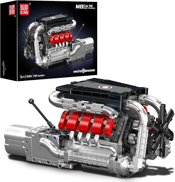 Mould King 10203 Technik V8 Engine Building Blocks Sets - Build Your Own V8 Engine with Gearbox for Adults, Car Engine Building Engineering Toys for Kids/Adults Collections(1169+ Pieces)