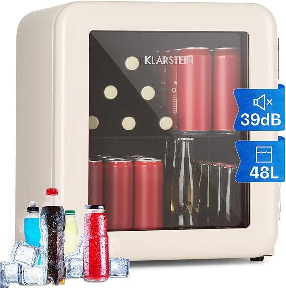 KLARSTEIN 48L Beer Fridge, Glass Mini Fridge for Bedrooms, Quiet Small Fridge Wine Cooler, Indoor/Outdoor Home Bar Storage for Beverages, Soft Drinks, Low Noise, Removable Shelves, 0-10°C [Energy Class E]