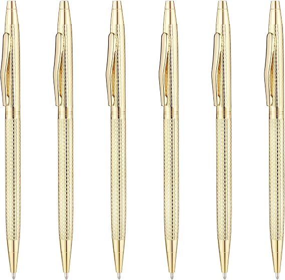 Unibene Slim Metallic Retractable Ballpoint Pens - Carved Gold, Nice Gift for Business Office Students Teachers Wedding Christmas, Medium Point(1 mm) 6 Pack