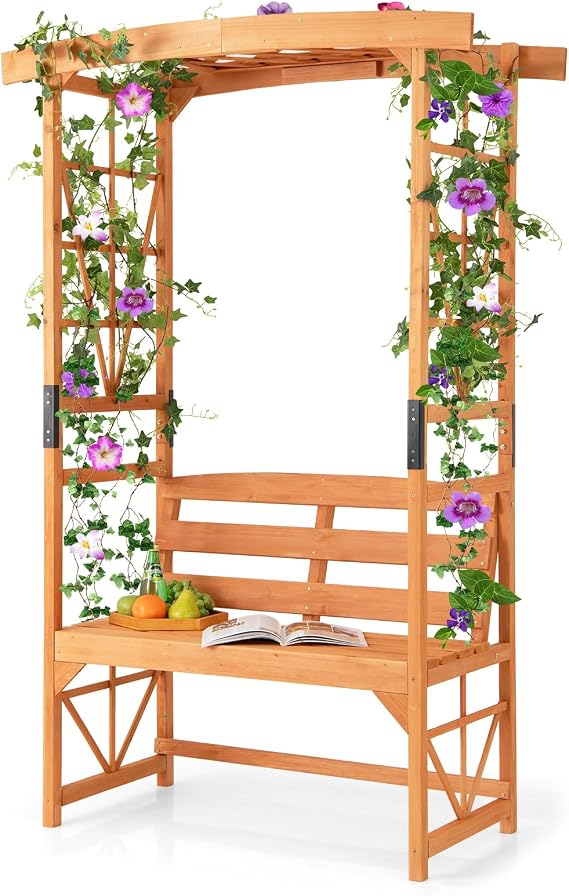 GiantexUK Garden Arch with Bench, 2-Seater Rose Trellis Pergola Pavilion Arbour, Wooden Climbing Plants Support Archway for Patio Lawn Wedding Ceremony Party (120x58x189cm, Diamond Trellis, Orange)