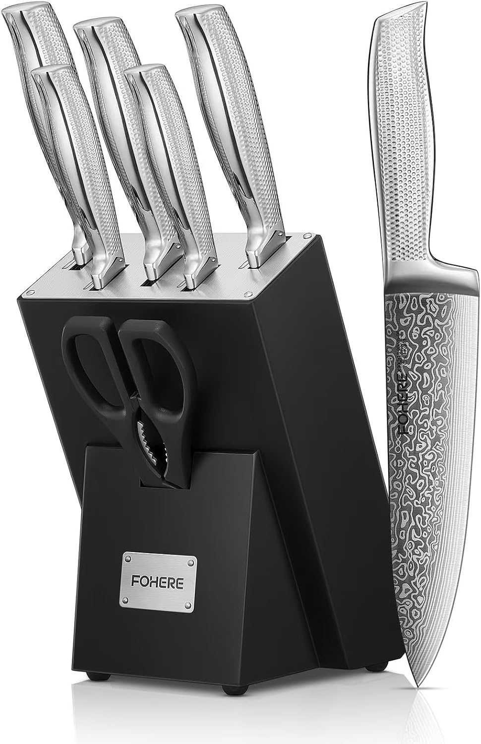 FOHERE Kitchen Knives, 7-Piece Kitchen Knife Set with Advanced Self-Sharpening Technology, Knife Block with Ergonomic Handle and Stainless Steel