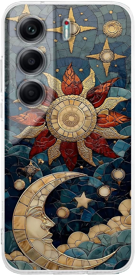 PrintiFy Tecno Camon 40 ile Uyumlu Vitray Sol ve Luna Tasarımlı Şeffaf Silikon Kılıf