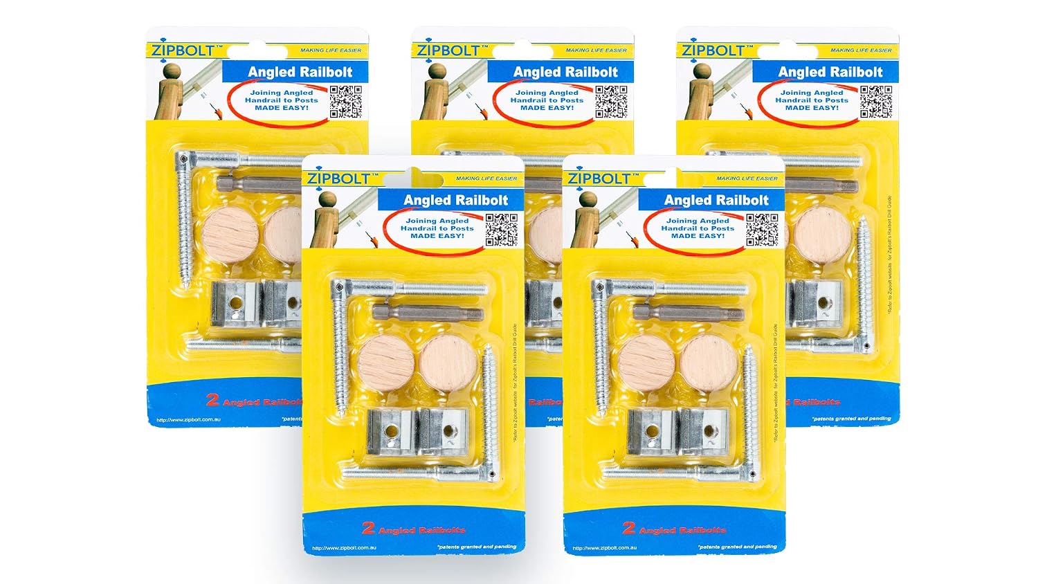 Zipbolt Angled Handrail to Newel Post Connector — 11.560 Angled Staircase Railbolt for Lower Connection Acute Angle Post Fastener, Easy Installation for Residential and Commercial Use — 5 Double Packs
