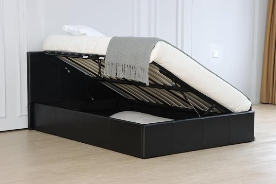 Modernique Ottoman Storage Bed Frame with Side Lift, Black Faux Leather, Metal Frame with Wooden Slats, Massiave Underneath Storage (Double)