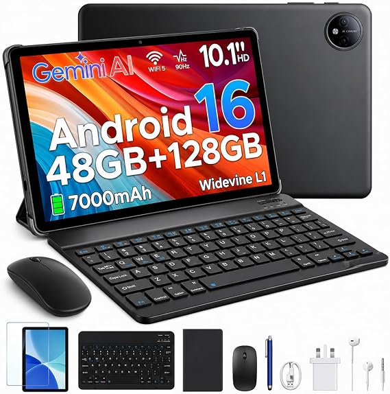 P10 10 Inch Android 16 Tablet with Gemini AI, 48GB+128GB/TF 2TB, 7000mAh, Quad-Core Processor, 90Hz, 5+8MP/Dual Speakers/3.5mm Headphone Jack/Face Unlock/Widevine L1, Tablet with Keyboard & Pen, Black
