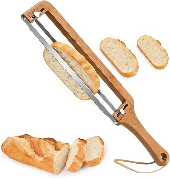 Bread Slicer for Homemade Bread with Adjustable Thickness Guide, Bread Knife & Bread Bow Cutter, Serrated Stainless Steel Blade with Bamboo Handle, Ambidextrous Bread Cutter for Sourdough, Baguette