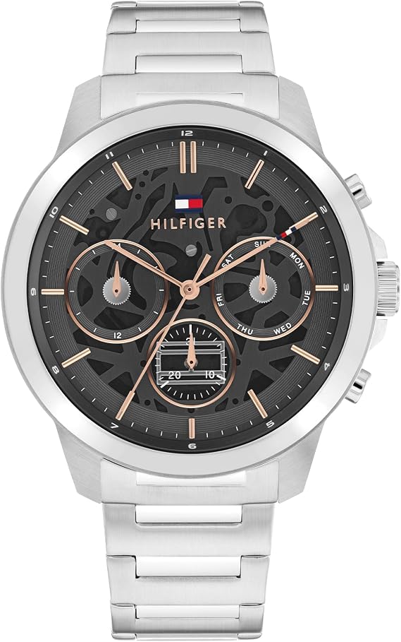 Tommy Hilfiger Analogue Multifunction Quartz Watch for Men with Silver or Black Stainless Steel Bracelet