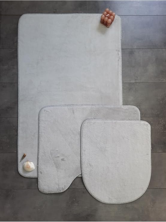 Ultrasoft Düz Gümüş Gri 3'lü Banyo Paspası Seti, Kaymaz Tabanlı, Yıkanabilir Klozet Takımı