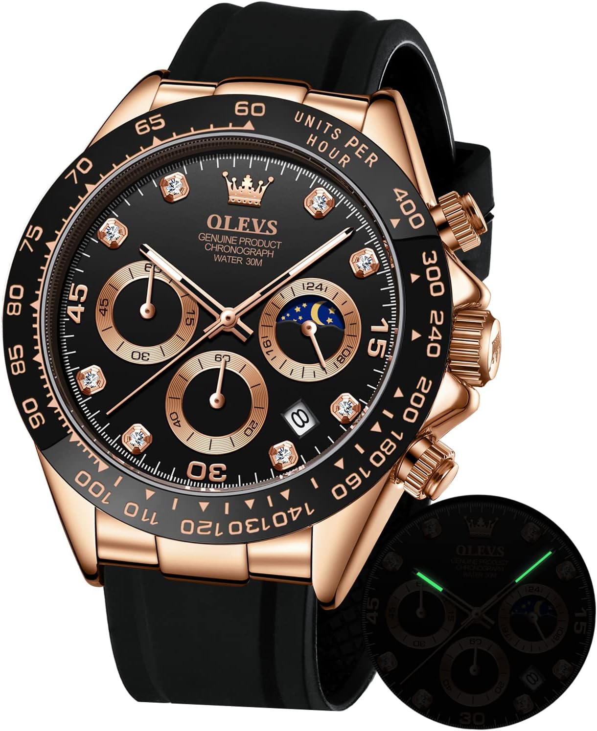OLEVS Men's Watches Chronograph Multifunction Sport Silicone Luxury Diamond Moon Phase Quartz Male Watch Waterproof Wrist Watch
