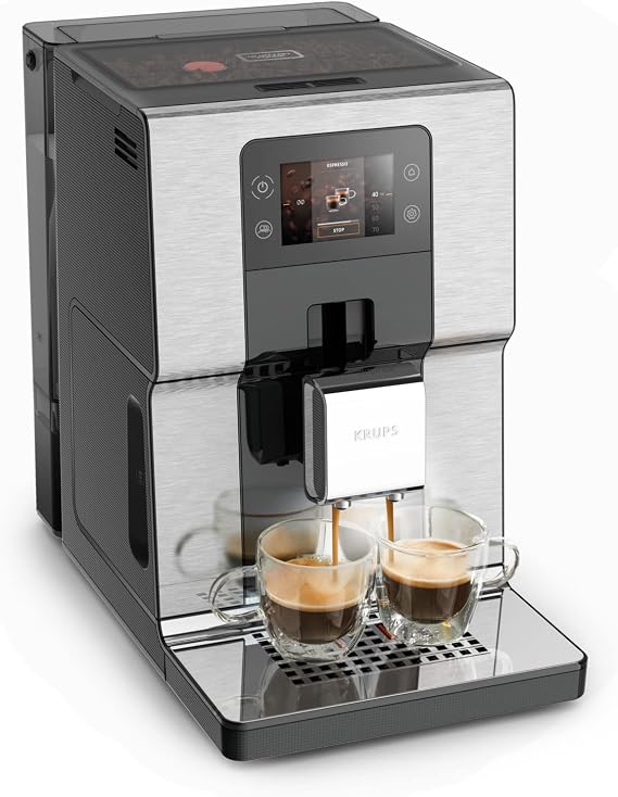 Krups Intuition Experience EA876D Fully Automatic Espresso Machine, Color Touch Screen, Light Indicators, 15 Drinks, Quiet Coffee Maker, 4 Profiles, One Touch Capuccino System
