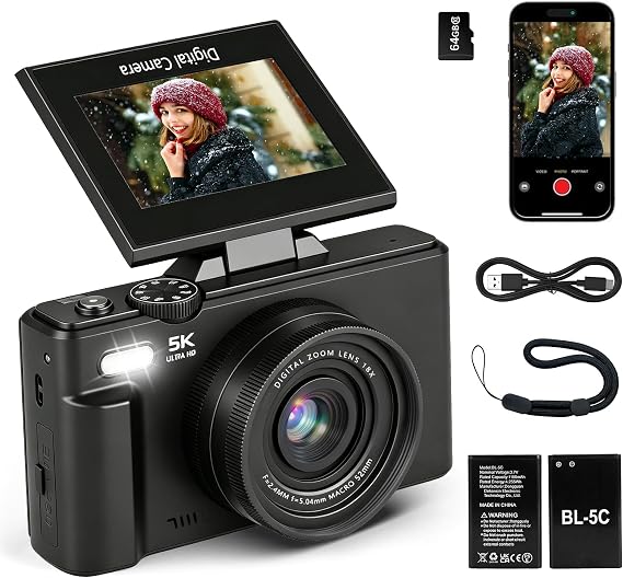 5K 75MP Digital Camera for Photography, Vlogging Camera with Wi-Fi, Compact Camera with 3" 180° Flip Screen for Travel Youtube Beginners, 18x Digital Zoom, Autofocus, Includes 64GB Memory Card