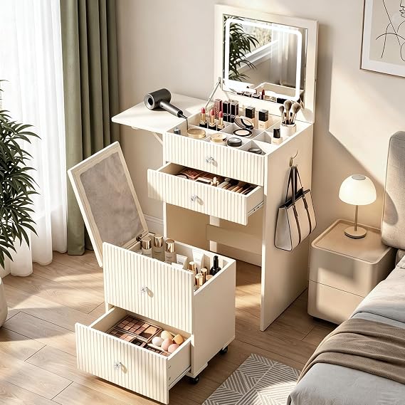Small Dressing Table with LED Light, 3 in 1 Makeup Table with Folding Mirror & Folding Side Table, Narrow Penteadeira with Storage Stool, 3 Drawers for Small Spaces, White