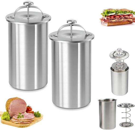 Ham Maker Meat Press, Stainless Steel Manual Cooking Tool with Thermometer, Round Poultry Maker for Kitchen Cooking, Healthy Homemade Sandwiches, 2pcs