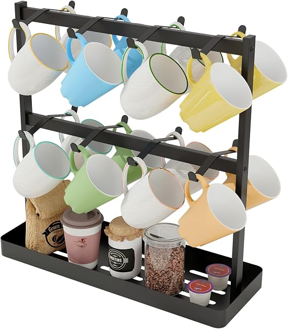 YUMORE Coffee Mug Holder Stand 16 Cup Hooks Countertop Mug Tree Rack Black