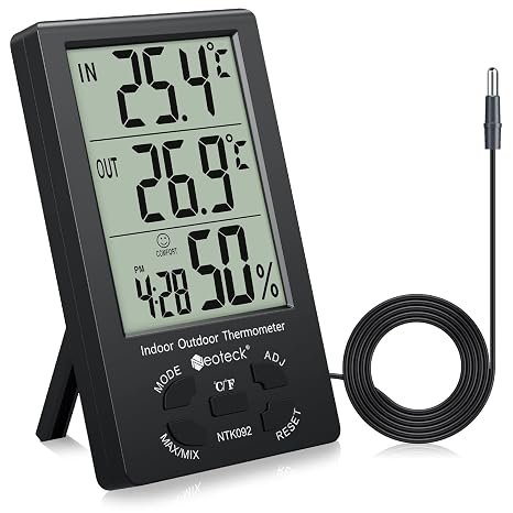 Neoteck Room Thermometer Hygrometer Indoor Outdoor with Probe Black