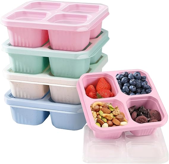 4 Pack Snack Boxes, Reusable 4 Compartments Snack Containers