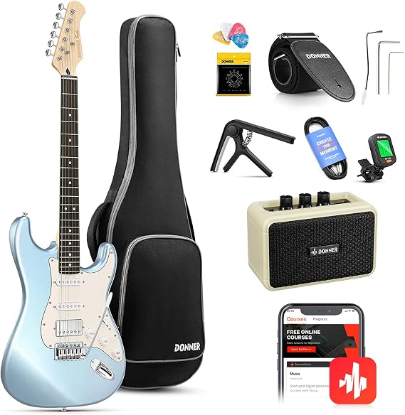 Donner elektro gitar, 39 inç elektro gitar kiti, yüksek hız çeliği manyetik bobin bölmeli, DST-152R, amplifikatörlü başlangıç seti, çanta, kapo, askı, yay, akort aleti, kablo, penalar, buz mavisi