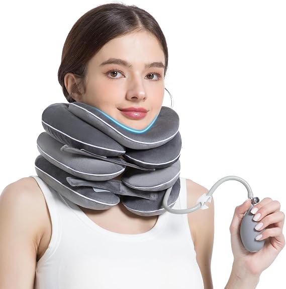 Inflatable Neck Stretcher with Brace - Adjustable Cervical Traction Device for Neck Pain Relief, 3-Layer Decompression Pillow, Washable & Breathable, for Men & Women, Grey