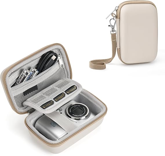 Digital Camera Case Fit for KODAK PIXPRO FZ45/FZ55/ CAMKORY/STUOGYUM DC402-AF/Canon IXUS, Storage Travel Carry Case with 3 SD Card Slots for Camera, Batteries, SD Card, Beige