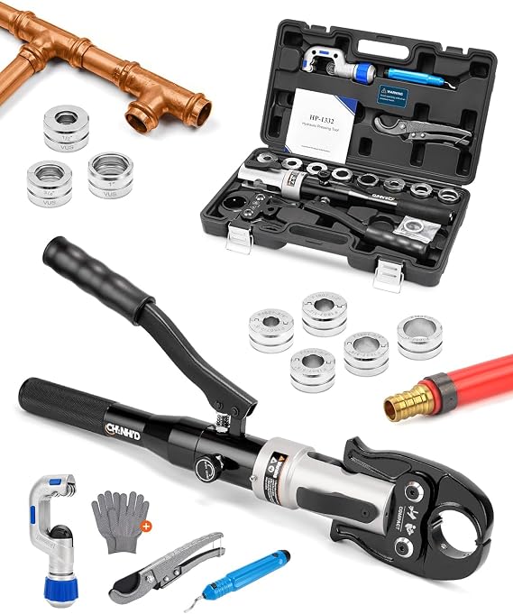 Hydraulic Pipe Crimping Tool Copper Tube Fittings with 1/2", 3/4", 1" Dies for Viega Pro-Press Elkhart Conex Includes 3/8", 1/2", 5/8", 3/4", 1" Dies for ASTM F1807 PEX Pipe Rings