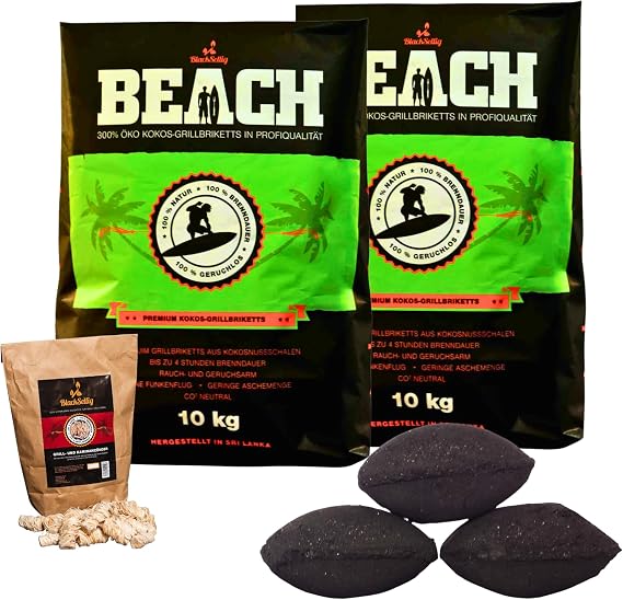 Beach Premium Coconut Grill Briquettes - Cocos Charcoal for Dutch Oven BBQ & Smoker - High-Quality Charcoal & Charcoal Briquettes - Long Burning Time & High Heat (20 kg + 50 Lighters)