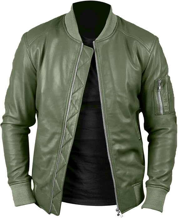 Mens Black Leather Bomber Jacket for Men – Lamskin Jackets with Ribbed Cuff