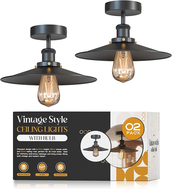 LEDSone Black Ceiling Light Fixture Pack of 2, Industrial Chandeliers 22cm Metal Lampshade Easy Fit with E27 Base LED Ceiling Lamp for Bedroom, Living Room, Dining Room, Kitchen, Hallway [Energy Class A]