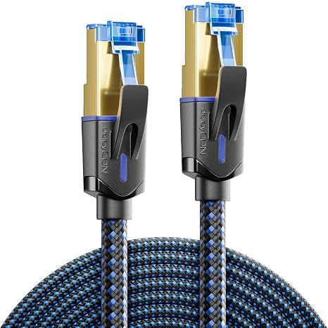 deleyCON CAT 8 Network Cable 1.5 m (40 Gbit/s, Nylon, 100% Copper) S/FTP PIMF – Gigabit LAN Ethernet Cable – RJ45 Connector for CAT8 CAT7 CAT6 PoE PS5 Router PC Laptop – Black