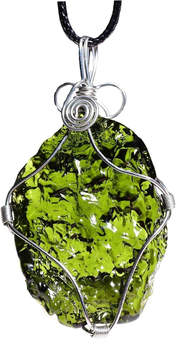 Moldavite Necklace with Rope, Wire Wrapped Glass Moldavite Crystal Necklace, Meteorite Rock for Women Men Meteorite Rock