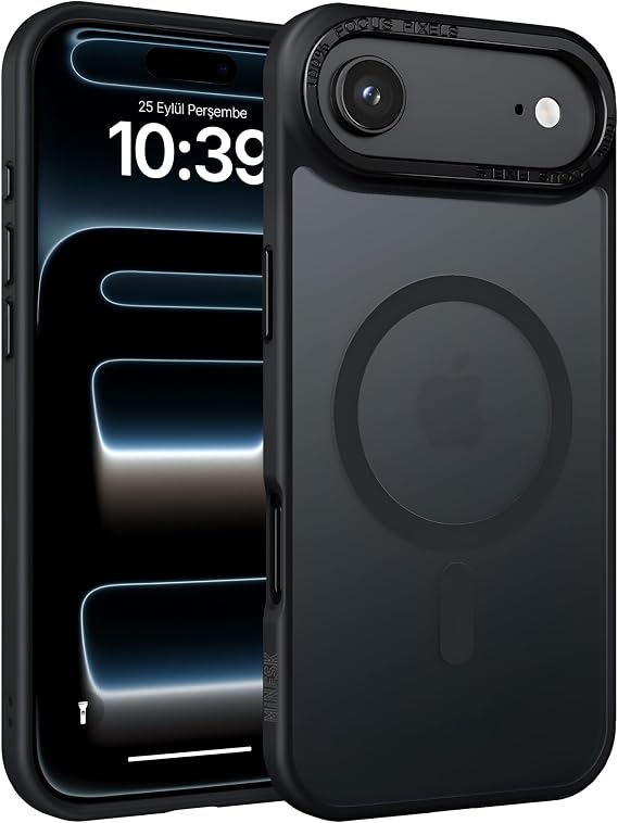 Minesk iPhone 17 Air için Magsafe ile Uyumlu Arkası Mat Silikon Kılıf Metal Lens Çerçevelİ ve Metal Tuş Takımlı Ultra Güçlü Koruma Kılıf (Siyah, 17 Air)