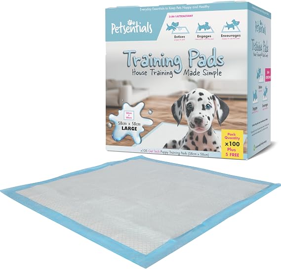 Petsentials Puppy Training Pads 105 Pack – Super Absorbent 5-Layer Disposable Dog Pee Pads, Leakproof Quick Dry Toilet Training Mats with Odour Locking Technology | 58 x 58 cm