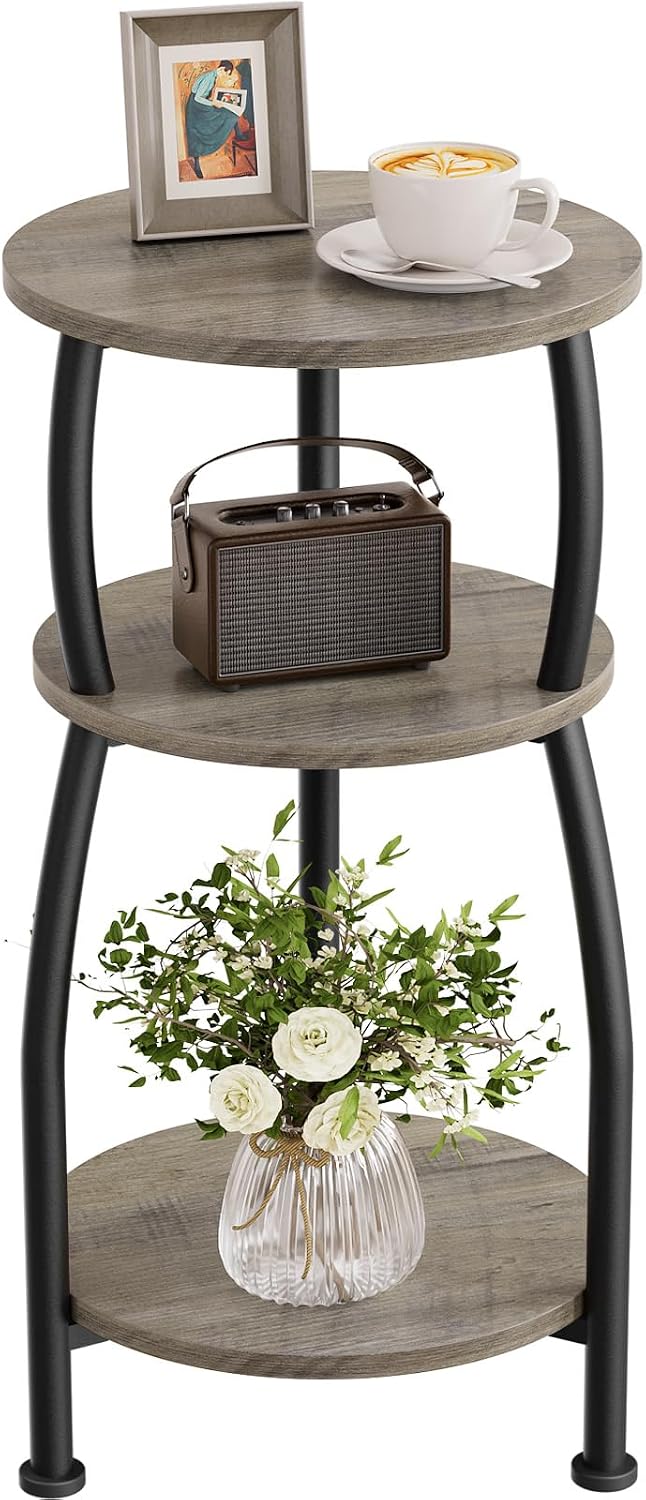 Round Side Table, 3 Tier Slim Round Coffee Table, Small End Table with Storage Shelf, Bedside Table, for Living Room, Bedroom, Small Space, Metal Frame, Vintage (Gray)
